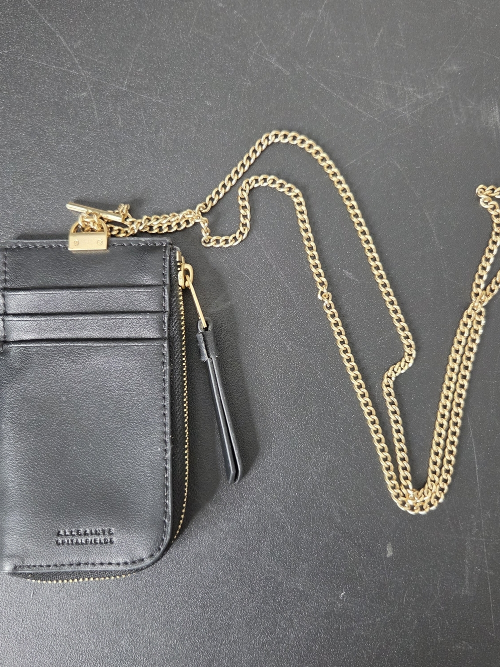 Allsaints Spitafielda Lottie Black Leather Card Holder Removable Gold Chain